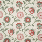 Foxmere Chintz embroidered floral fabric shown flat, revealing the full repeating botanical pattern of winding sage green stems, layered leaves and stylised flowers in dusty pink, soft red and green on a natural cream woven ground.