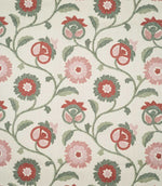 Foxmere Chintz embroidered floral fabric shown flat, revealing the full repeating botanical pattern of winding sage green stems, layered leaves and stylised flowers in dusty pink, soft red and green on a natural cream woven ground.