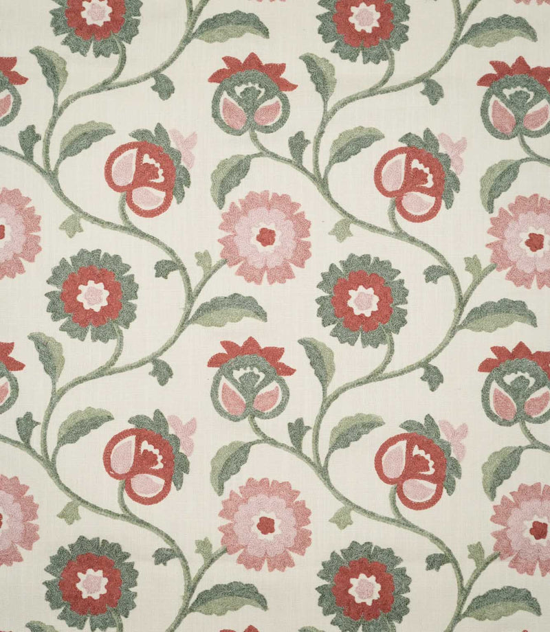 Foxmere Chintz embroidered floral fabric shown flat, revealing the full repeating botanical pattern of winding sage green stems, layered leaves and stylised flowers in dusty pink, soft red and green on a natural cream woven ground.