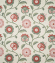 Foxmere Chintz embroidered floral fabric shown flat, revealing the full repeating botanical pattern of winding sage green stems, layered leaves and stylised flowers in dusty pink, soft red and green on a natural cream woven ground.