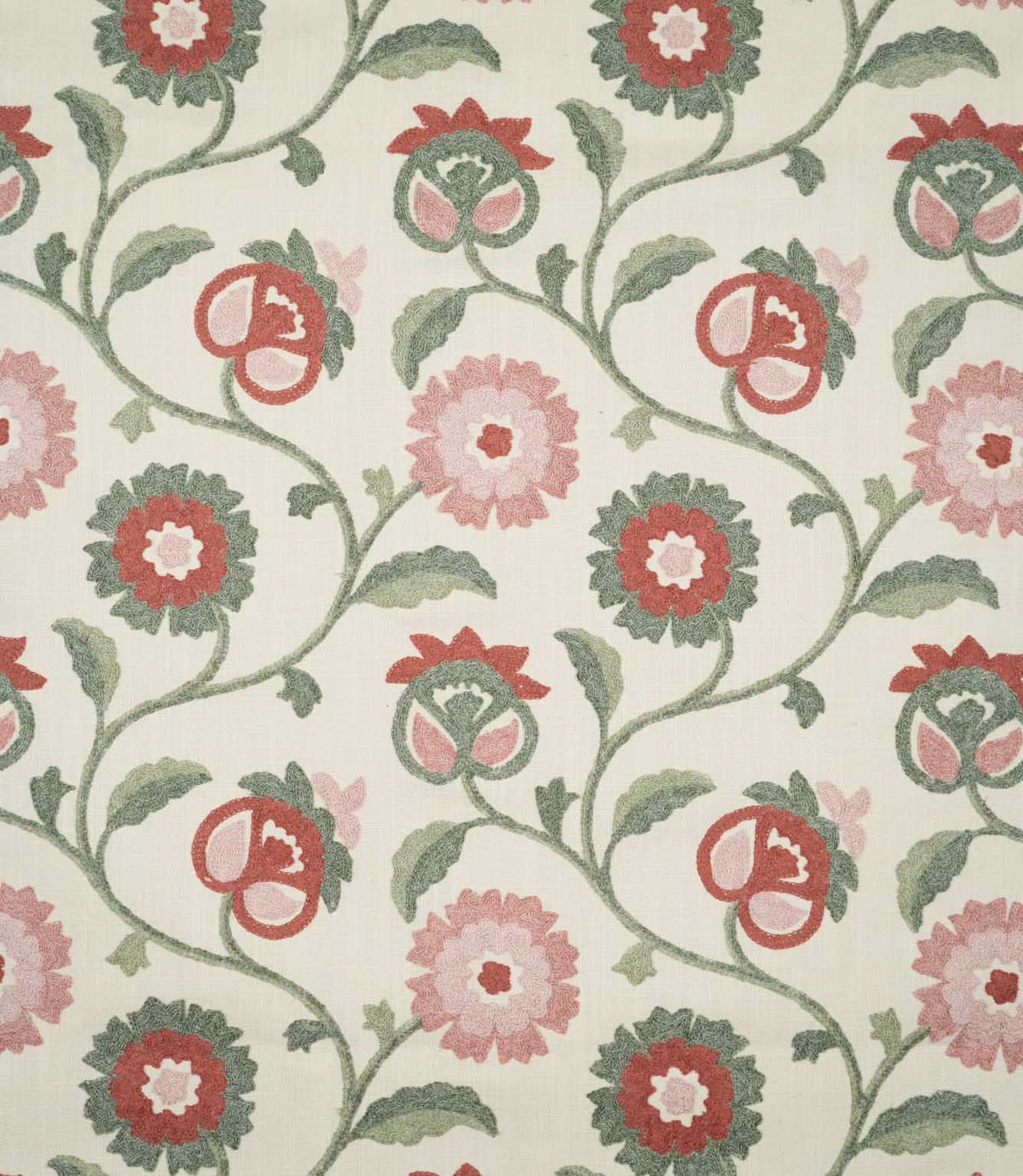 Foxmere Chintz embroidered floral fabric shown flat, revealing the full repeating botanical pattern of winding sage green stems, layered leaves and stylised flowers in dusty pink, soft red and green on a natural cream woven ground.