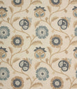 Embroidered floral fabric featuring trailing vines and stylised flowers in cornflower blue, slate grey and natural tones on a soft linen-look background.
