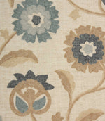 Close-up of embroidered floral motifs with textured stitching in cornflower blue, slate grey and beige on natural linen-look fabric.