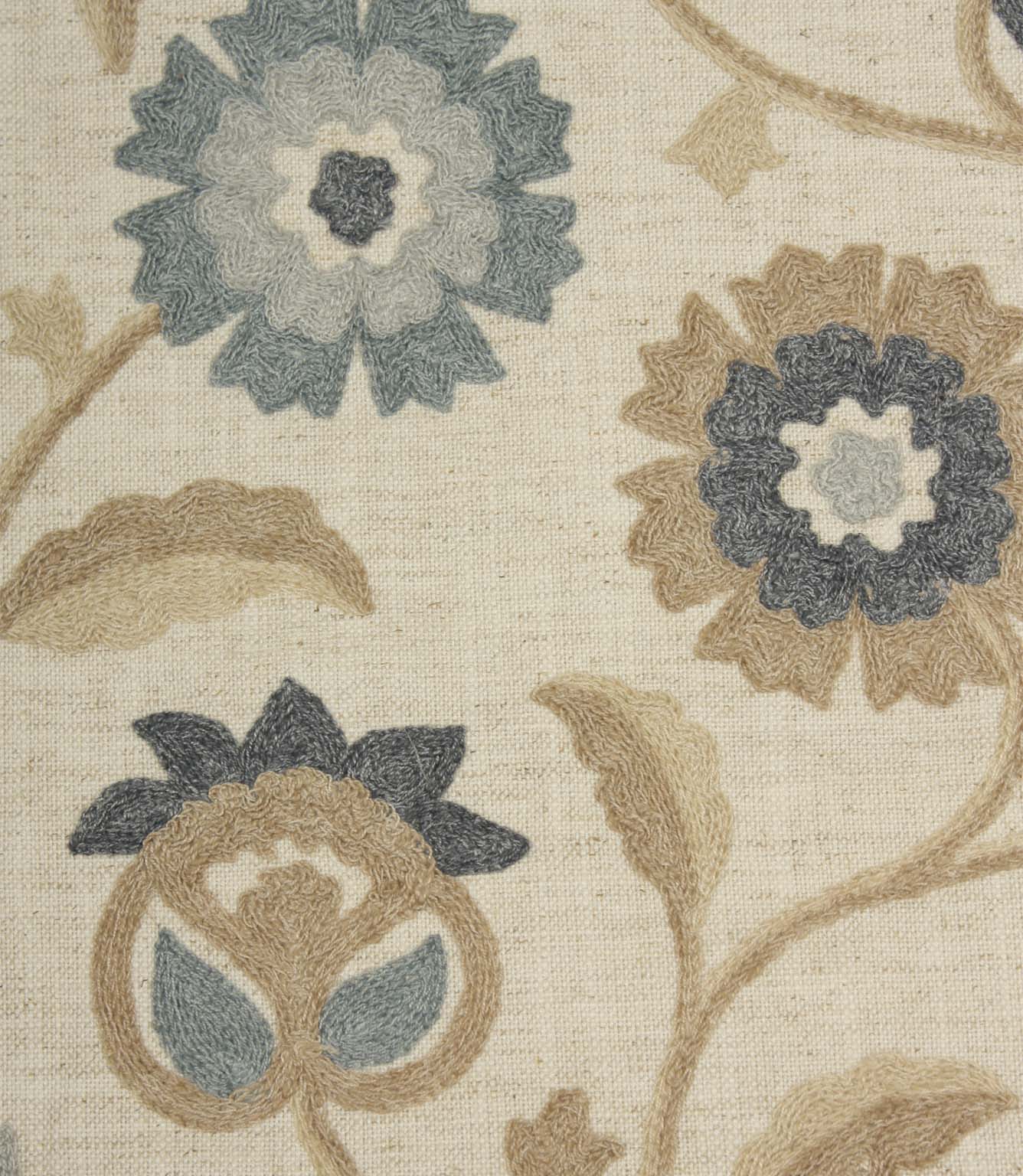 Close-up of embroidered floral motifs with textured stitching in cornflower blue, slate grey and beige on natural linen-look fabric.