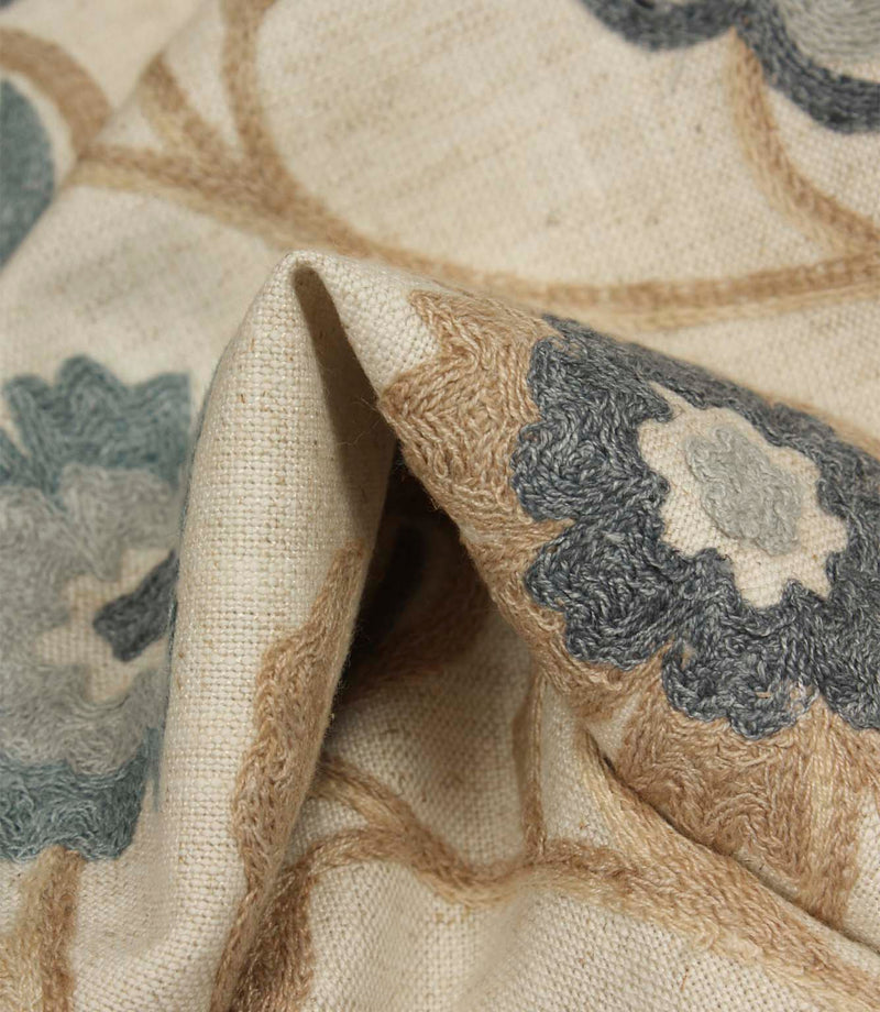 Detailed fabric fold showing raised embroidered floral design and textured stitching on a natural woven background.