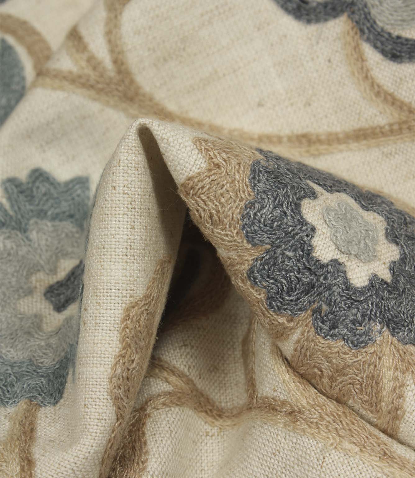 Detailed fabric fold showing raised embroidered floral design and textured stitching on a natural woven background.