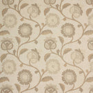Embroidered floral fabric with trailing vines and stylised flower motifs in soft natural, beige and cream tones on a linen-look background.