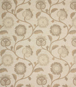 Embroidered floral fabric with trailing vines and stylised flower motifs in soft natural, beige and cream tones on a linen-look background.