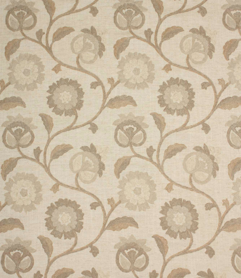 Embroidered floral fabric with trailing vines and stylised flower motifs in soft natural, beige and cream tones on a linen-look background.