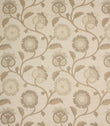 Embroidered floral fabric with trailing vines and stylised flower motifs in soft natural, beige and cream tones on a linen-look background.