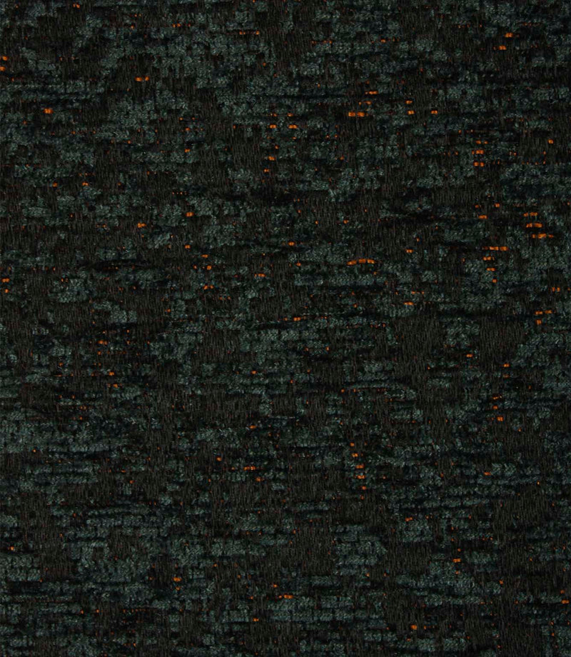 Close-up of Galaxy emerald upholstery fabric showcasing the richly textured weave, contrasting black yarns and shimmering copper flecks.
