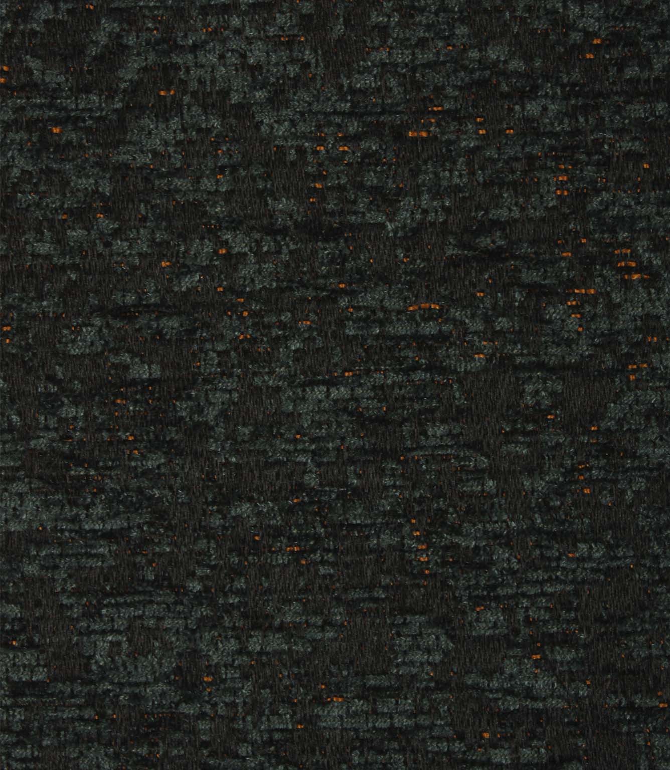 Close-up of Galaxy emerald upholstery fabric showcasing the richly textured weave, contrasting black yarns and shimmering copper flecks.