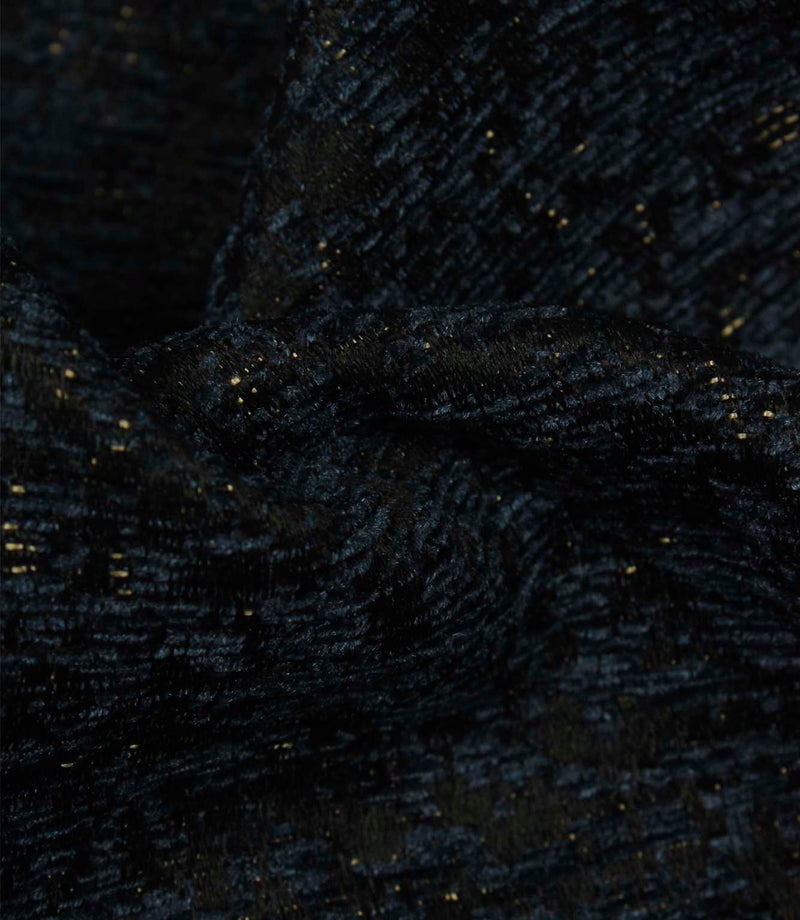 Detailed close-up of Galaxy contemporary woven fabric in navy and black shades with textured yarns and metallic highlights.