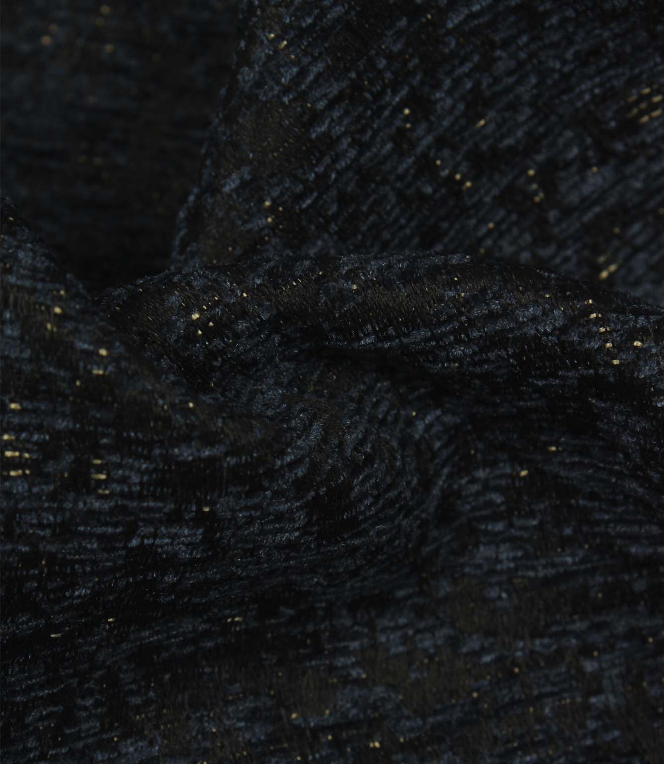 Detailed close-up of Galaxy contemporary woven fabric in navy and black shades with textured yarns and metallic highlights.