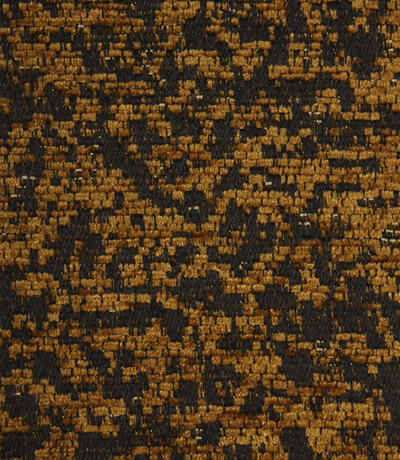 Close-up of Galaxy ochre fabric showcasing the rich woven texture, contrasting black yarns and delicate metallic highlights.