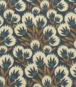 Full repeat view of Ember Crest foliage outdoor fabric with stylised floral shapes in ivory, dark blue, teal, and warm orange tones.