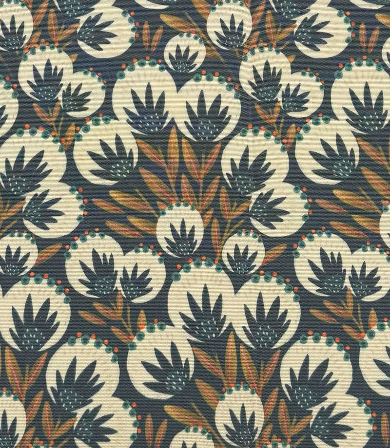 Full repeat view of Ember Crest foliage outdoor fabric with stylised floral shapes in ivory, dark blue, teal, and warm orange tones.