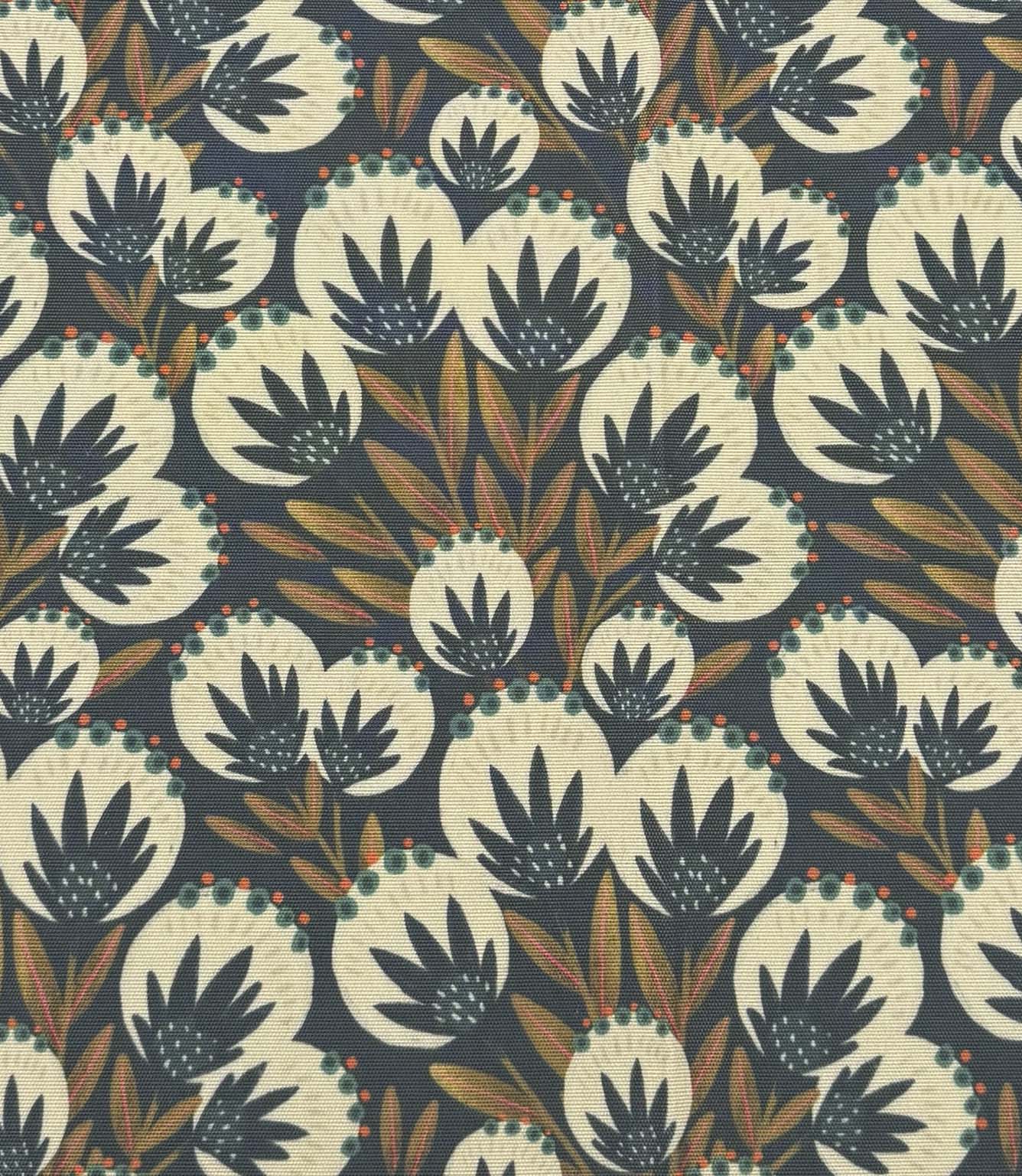 Full repeat view of Ember Crest foliage outdoor fabric with stylised floral shapes in ivory, dark blue, teal, and warm orange tones.