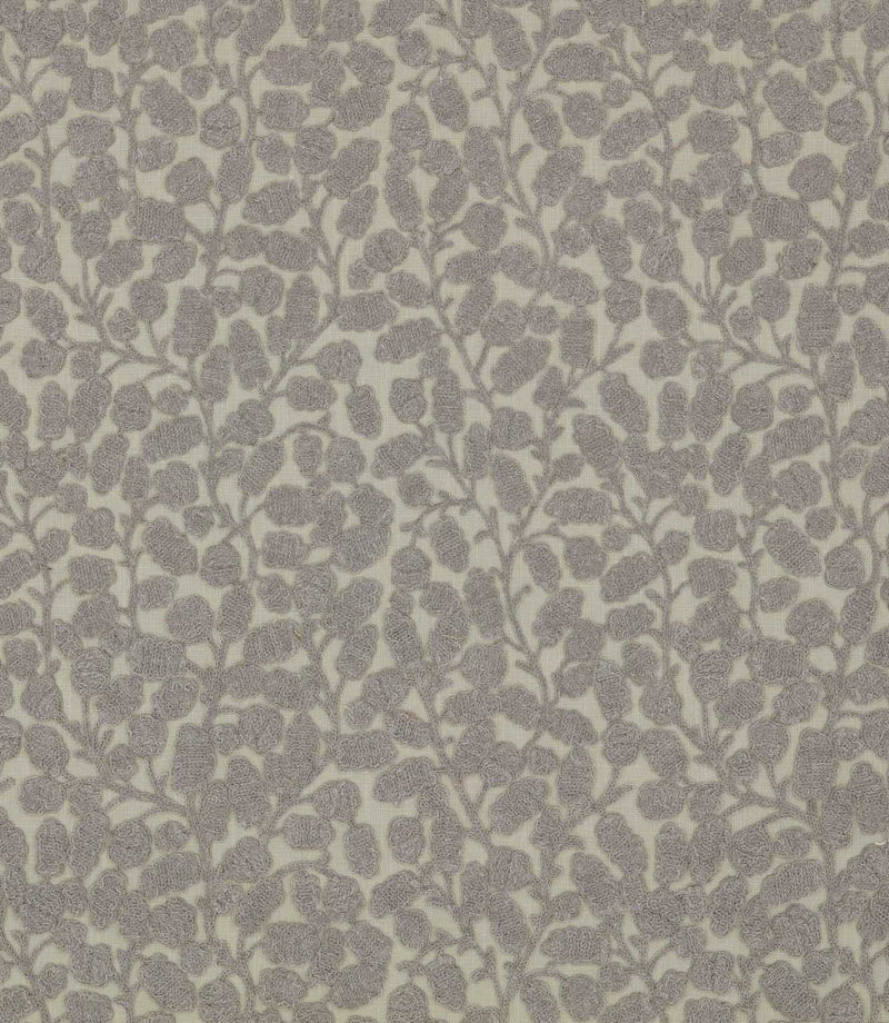 Gardiner Gull fabric featuring a delicate grey embroidered botanical leaf and branching vine pattern on a soft natural cream background.
