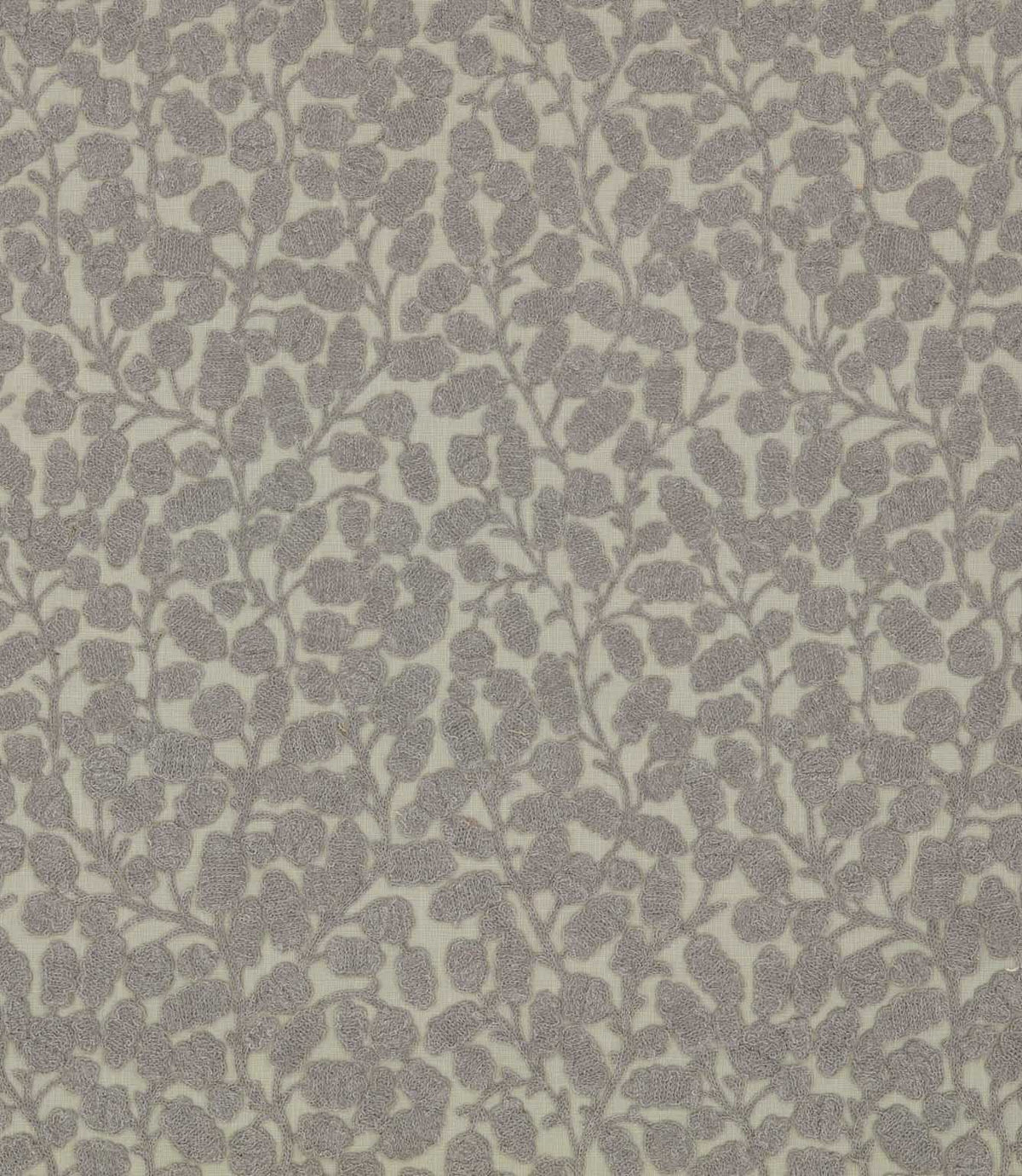 Gardiner Gull fabric featuring a delicate grey embroidered botanical leaf and branching vine pattern on a soft natural cream background.