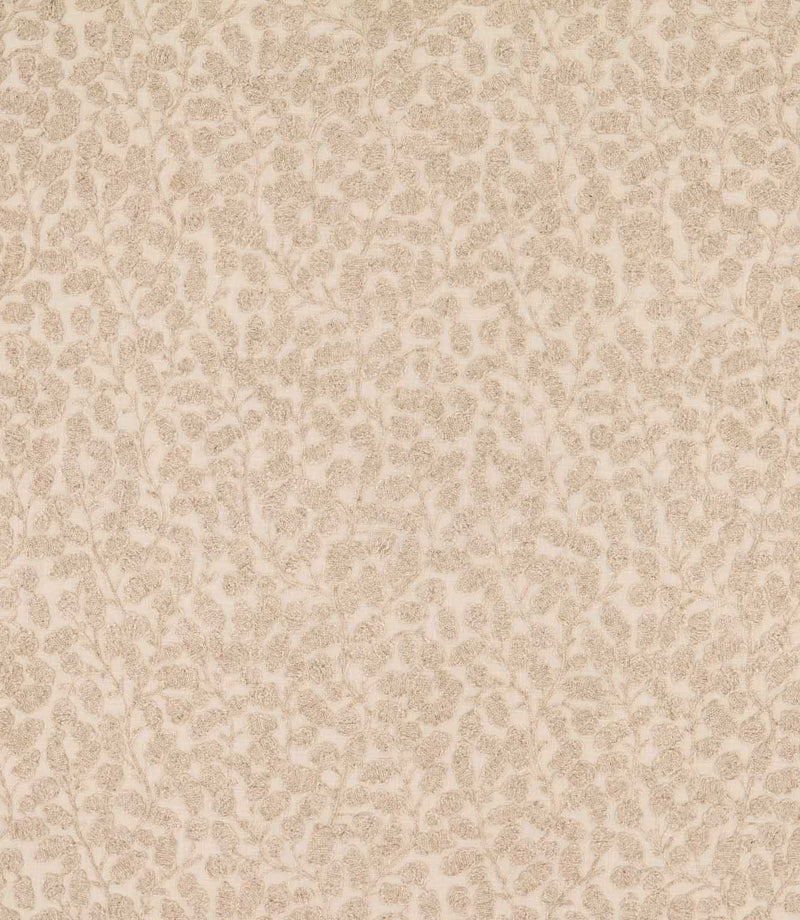 Gardiner Oyster fabric with a subtle beige embroidered foliage design, featuring textured leaves and delicate trailing stems on a light ivory background.