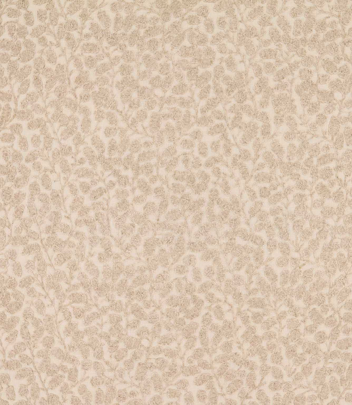 Gardiner Oyster fabric with a subtle beige embroidered foliage design, featuring textured leaves and delicate trailing stems on a light ivory background.