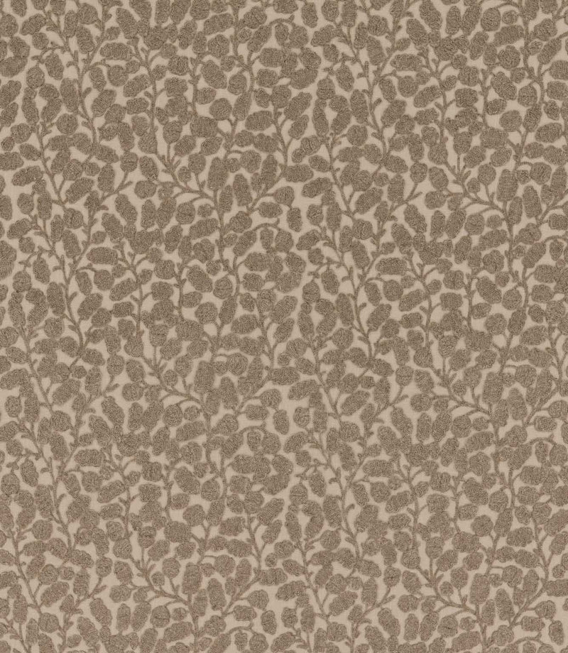 Gardiner Rockpool fabric featuring a repeating taupe-brown botanical design with raised textured leaves and delicate branching stems on a natural background.