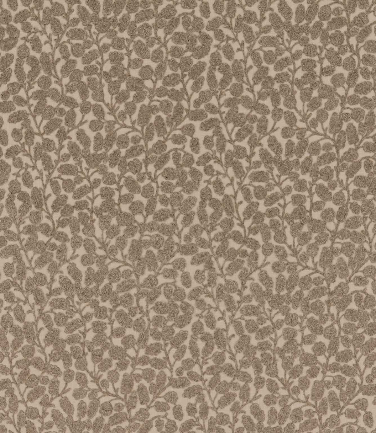 Gardiner Rockpool fabric featuring a repeating taupe-brown botanical design with raised textured leaves and delicate branching stems on a natural background.