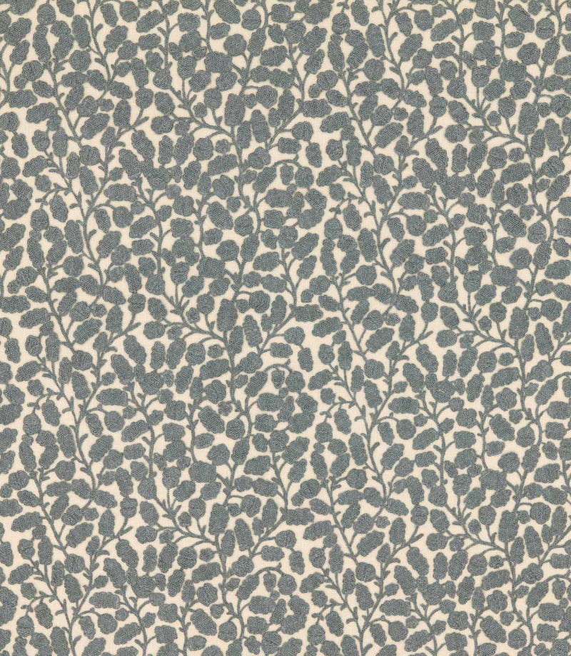 Gardiner Saltwater fabric with a blue-grey embroidered leafy vine pattern, featuring raised textured foliage against a contrasting cream background