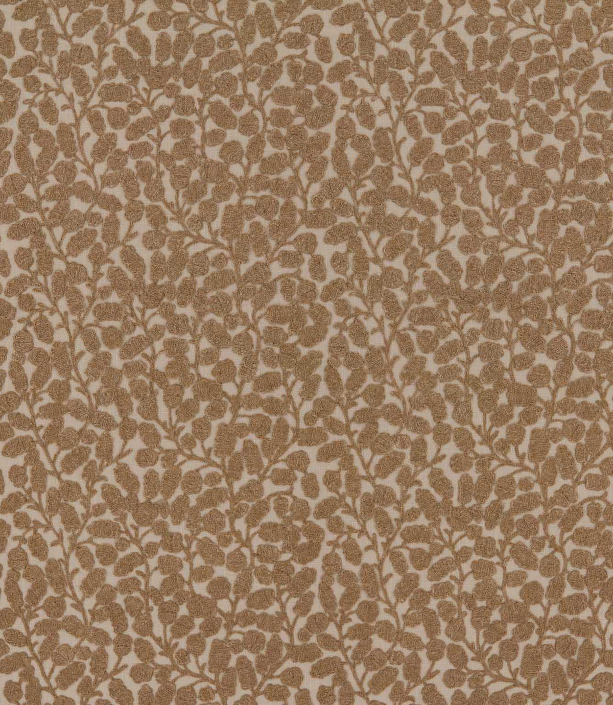 Gardiner Sandytan fabric featuring warm sandy brown textured leaf motifs and delicate embroidered branches on a natural cream background.