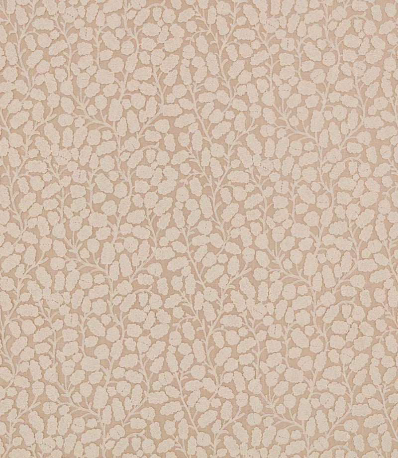 Gardiner Shell fabric with a raised ivory botanical leaf and vine design on a soft blush-beige background, creating a delicate textured finish.