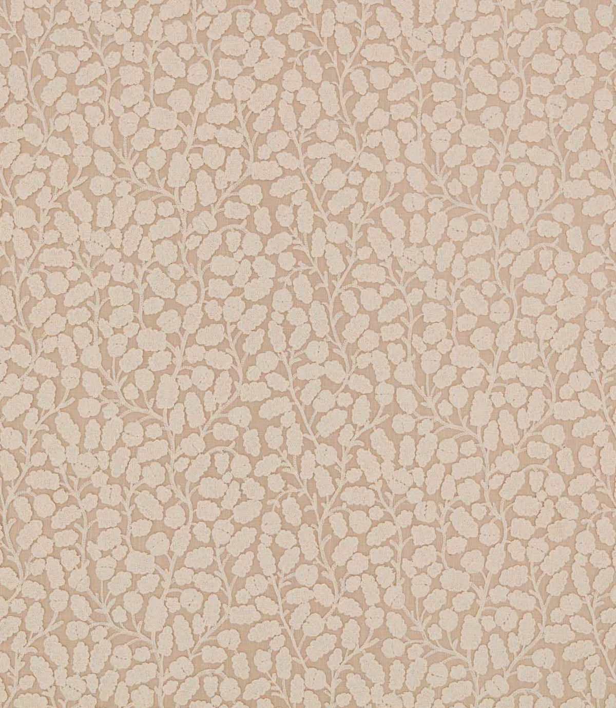 Gardiner Shell fabric with a raised ivory botanical leaf and vine design on a soft blush-beige background, creating a delicate textured finish.
