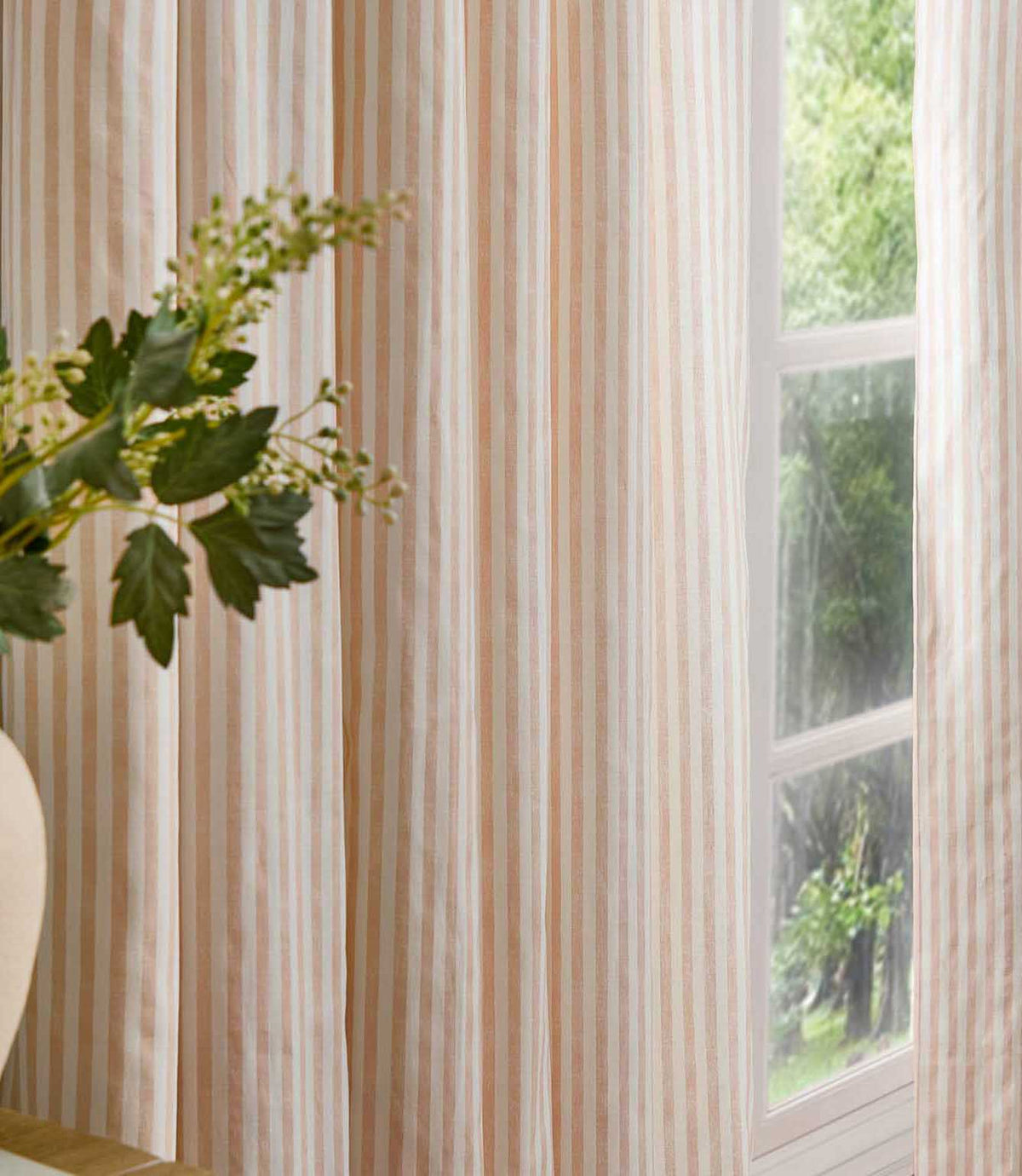 Blush pink and cream striped curtains hanging beside a large window, showing the full-length drape and classic vertical stripe design.