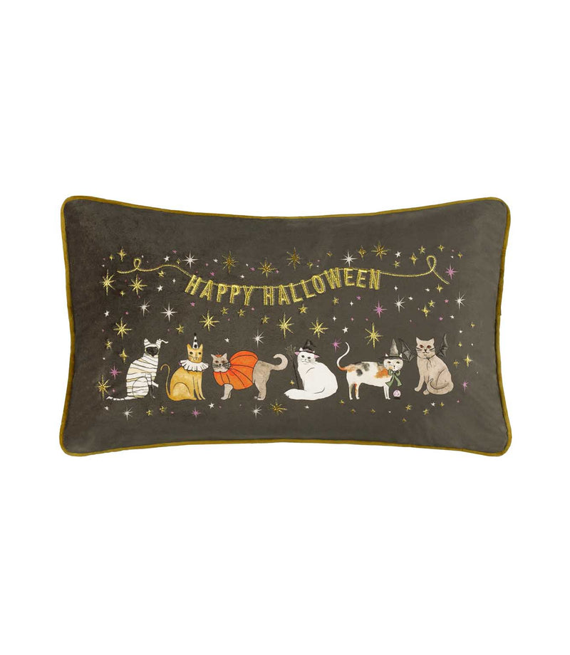 Charcoal grey velvet Halloween Pawty rectangular cushion with mustard piping, embroidered gold Happy Halloween lettering, stars and illustrated cats in Halloween costumes.
