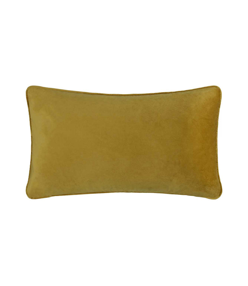 Reverse of the Halloween Pawty velvet cushion in plain mustard yellow, showing the rectangular shape and piped edge on a white background.