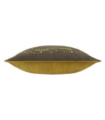Side view of the Halloween Pawty rectangular cushion showing the charcoal grey illustrated front, mustard yellow velvet reverse and coordinating piped edge.