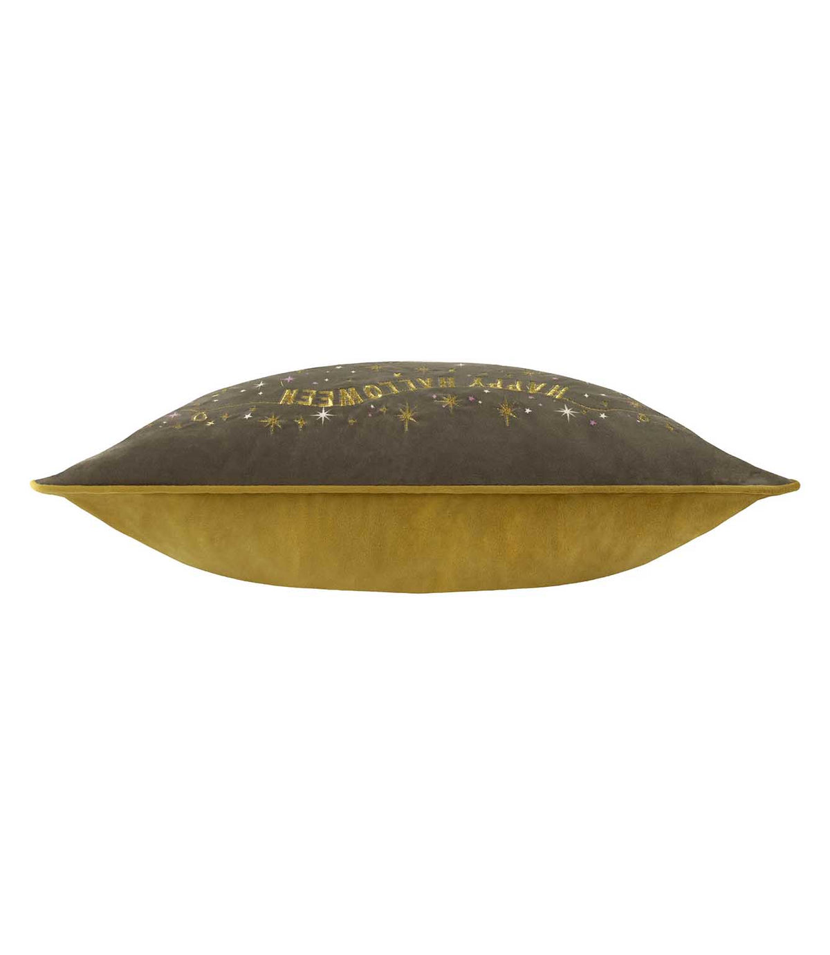 Side view of the Halloween Pawty rectangular cushion showing the charcoal grey illustrated front, mustard yellow velvet reverse and coordinating piped edge.