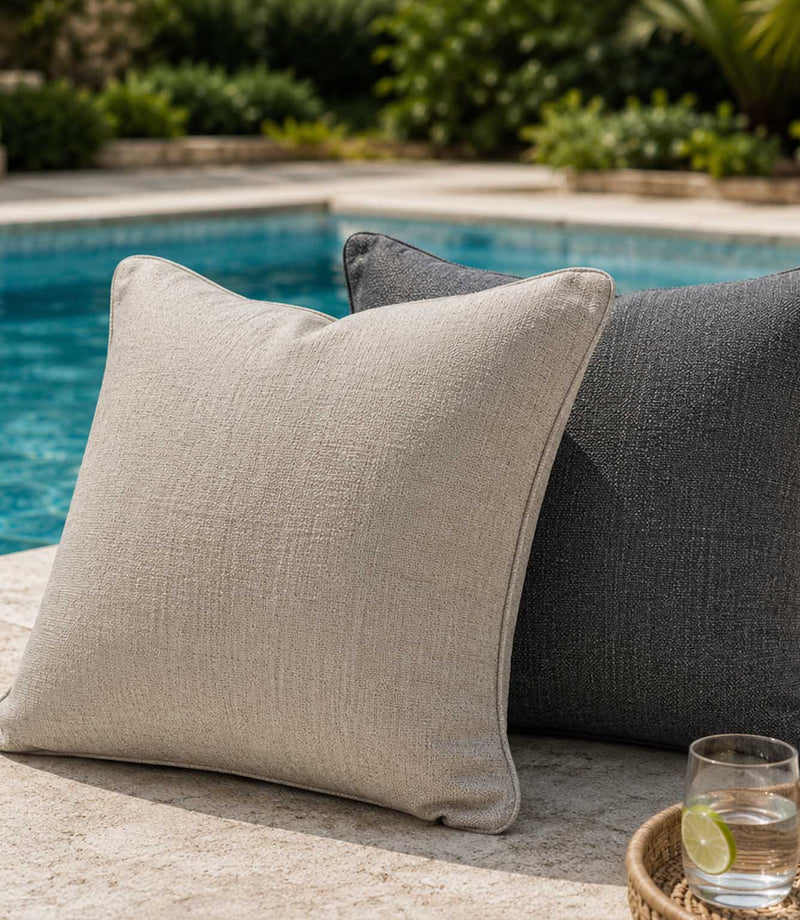 Outdoor cushions in a poolside summer area, waterproof fabric