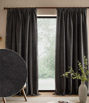 Heath Washed Velvet Charcoal Pencil Pleat Curtains