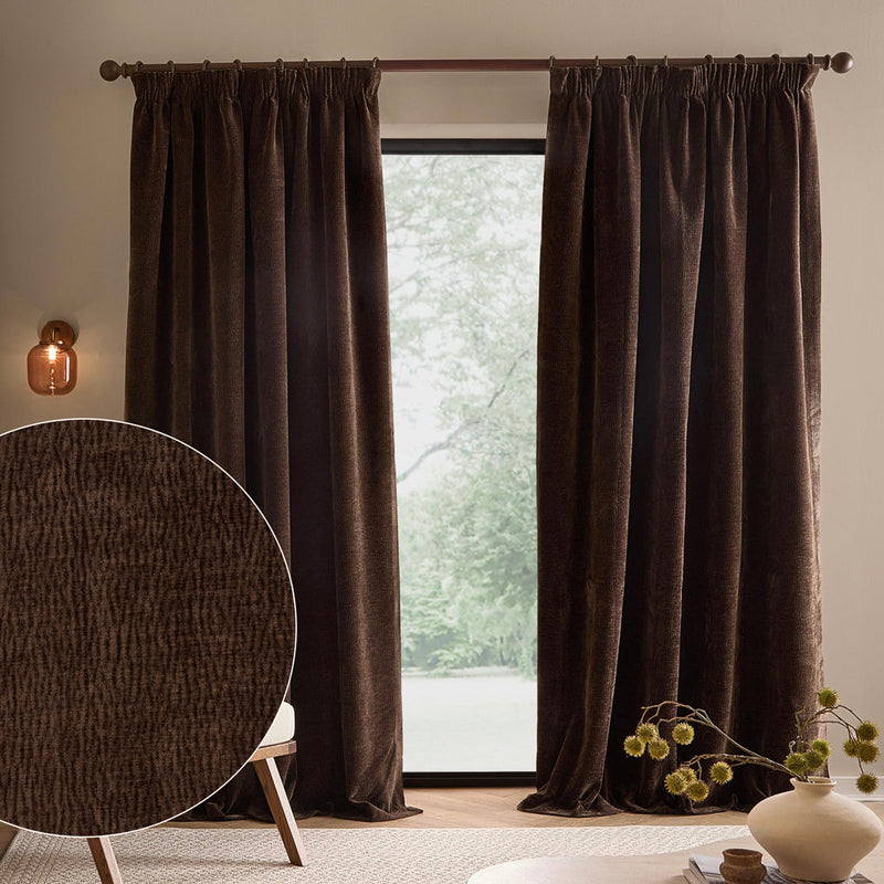 Full-length espresso brown washed velvet curtains in a neutral living room, with an inset close-up highlighting the fabric’s soft textured finish.