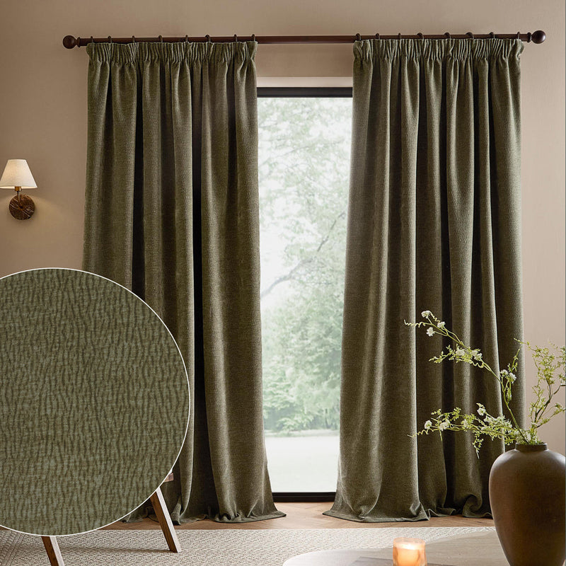 Full-length eucalyptus green washed velvet curtains in a neutral living room, with an inset close-up showing the fabric’s distinctive soft, textured finish.