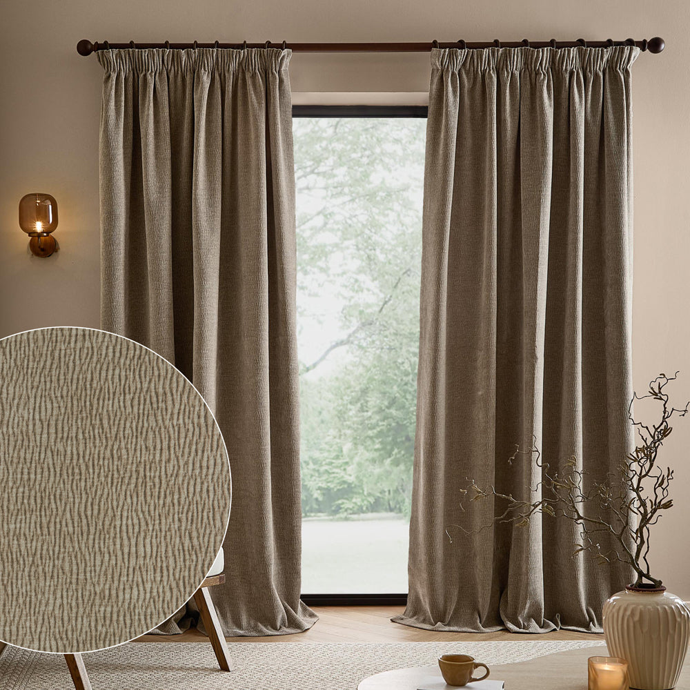 Full-length greige washed velvet curtains framing a large window, with an inset close-up showing the fabric’s soft ribbed texture and washed finish.