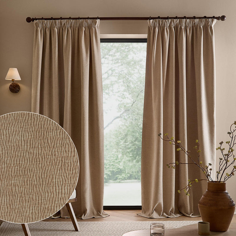 Full-length natural linen beige washed velvet curtains framing a large window, with an inset close-up highlighting the fabric’s soft ribbed texture and washed finish.