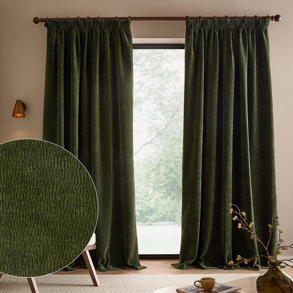 Full-length olive green washed velvet curtains framing a large window, with an inset close-up highlighting the fabric’s rich olive colour, textured surface and washed velvet finish.