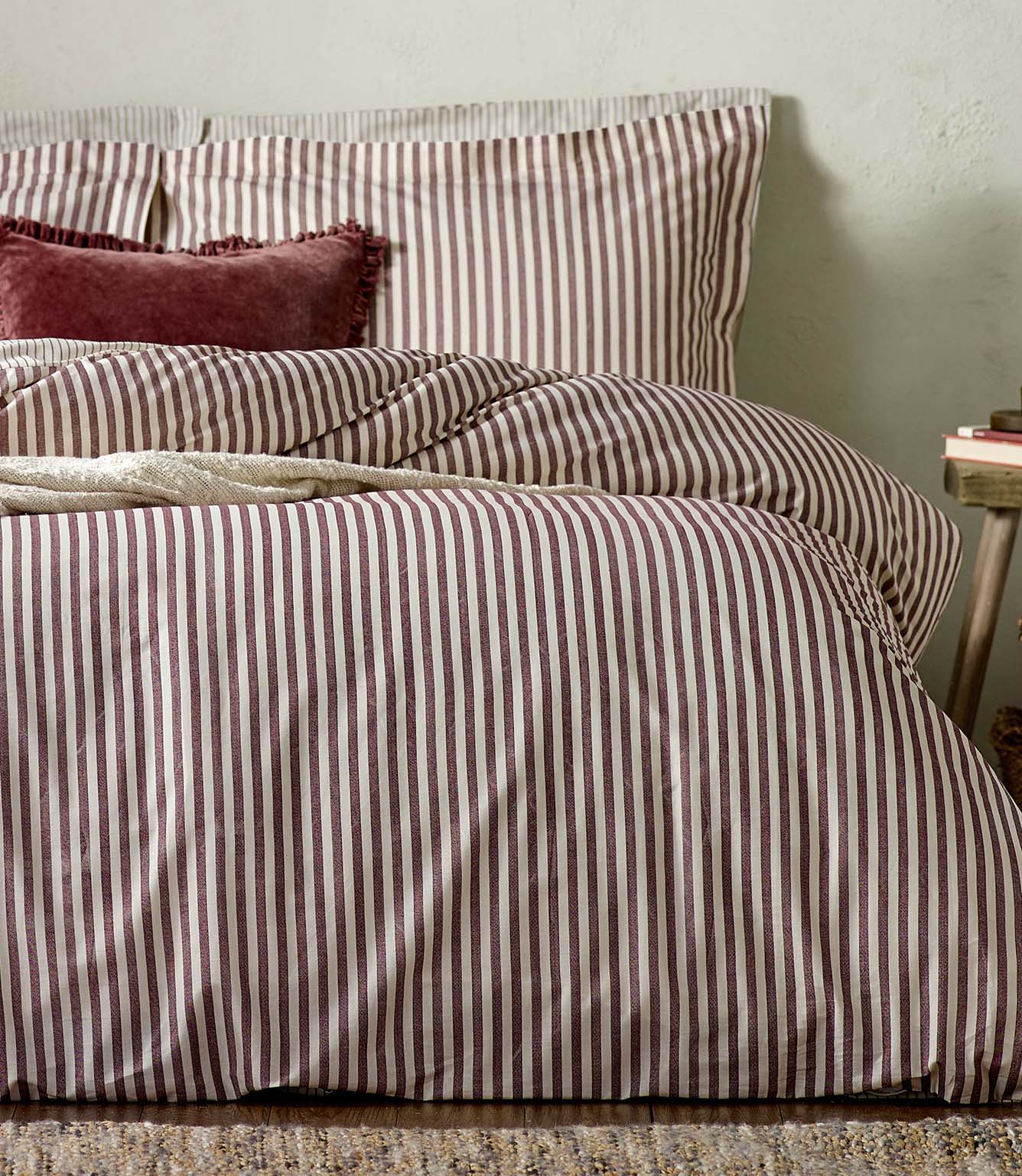 Hebden Stripe Beetroot 100% Cotton Duvet Cover Set