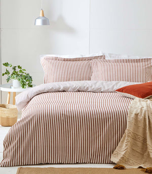 Hebden Stripe Pecan 100% Cotton Duvet Cover Set