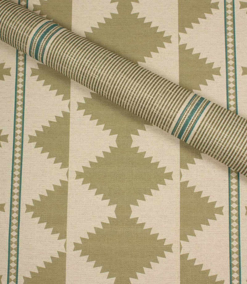 Fabric with geometric pattern in green and beige tones