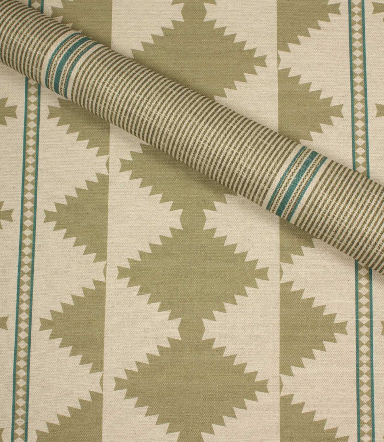 Fabric with geometric pattern in green and beige tones