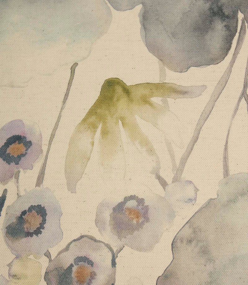 Close-up of Hibberia Crocus cotton fabric featuring a watercolour floral design on a neutral background.