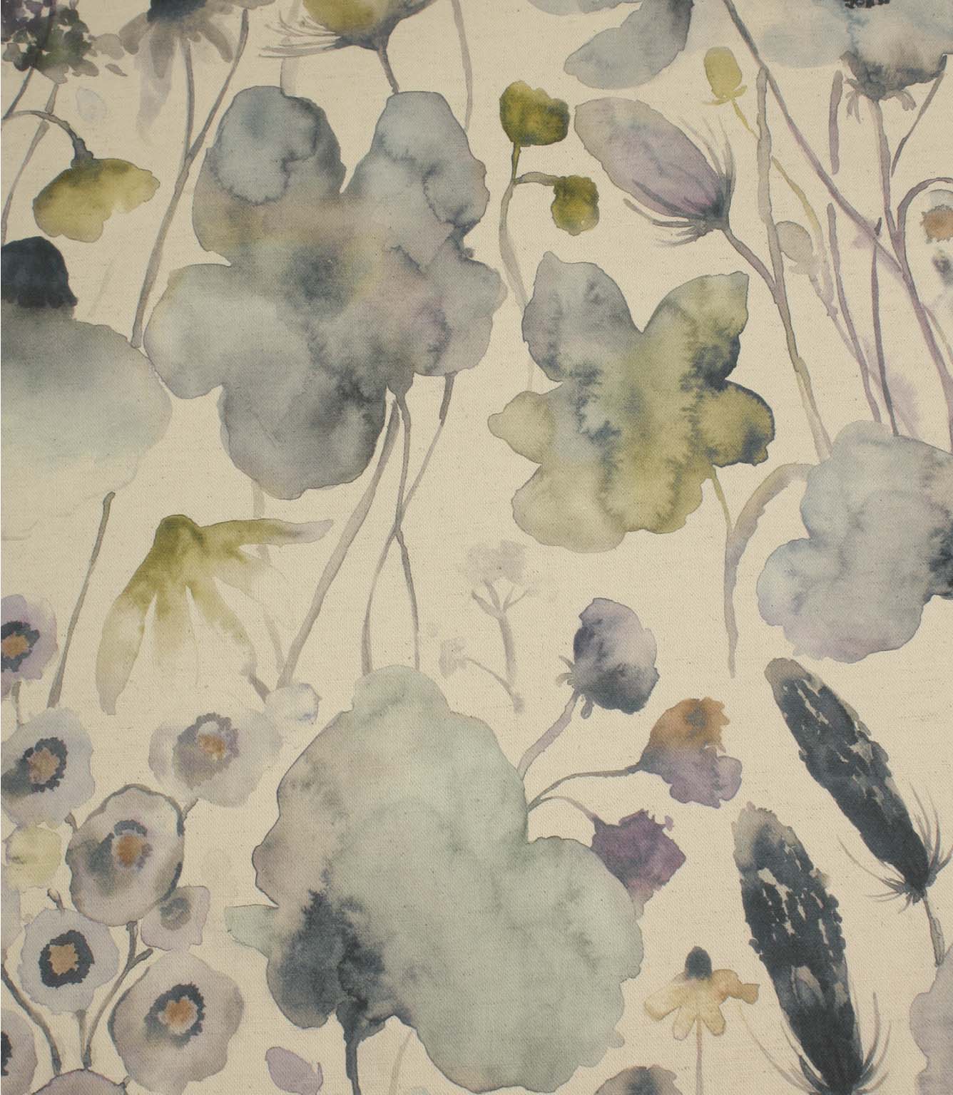 Hibberia Crocus contemporary floral cotton fabric with large painterly blooms and delicate botanical details.